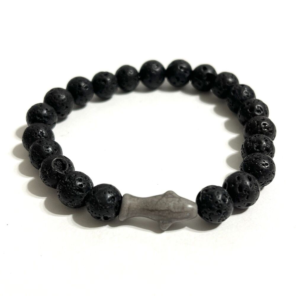 Lava Stone Bead Stretch Bracelet Black Gray Shark Fish Sea Life Ocean Jewelry